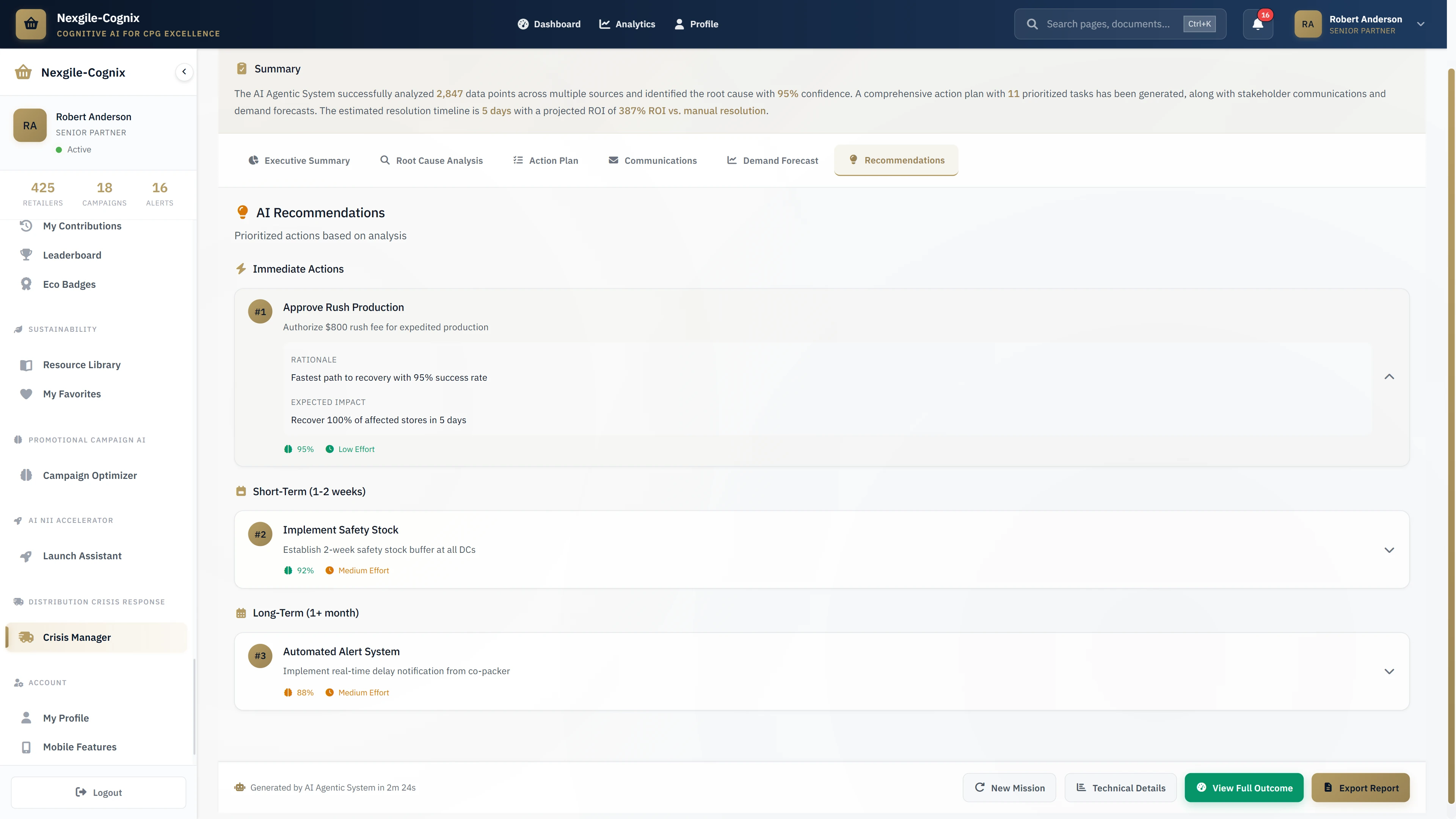 AI Recommendations - Automated action plan with prioritized tasks and stakeholder communications for crisis resolution